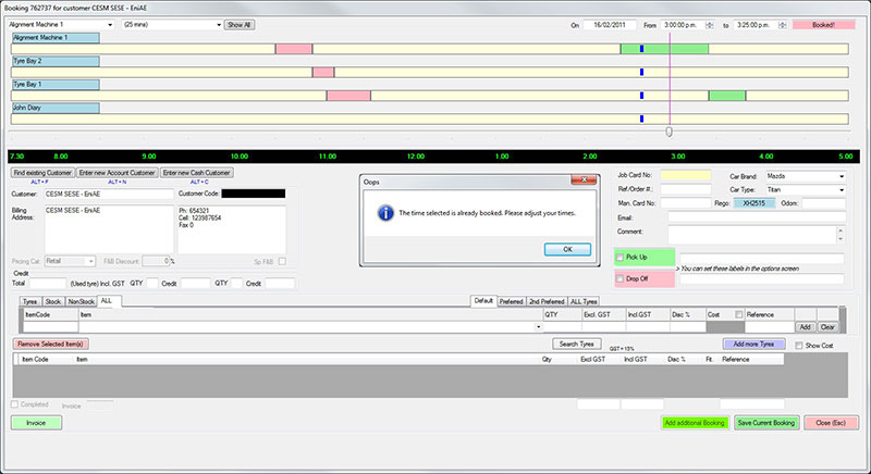 New booking showing time slider with double booking warning