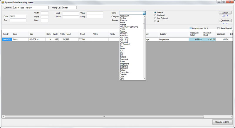 Tyre search by code, size, brand, tread, load-rating, category and supplier